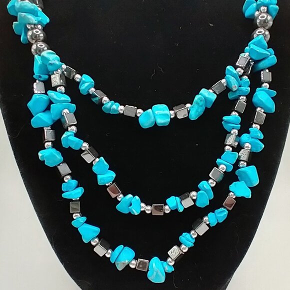 Southwest Style Faux Turquoise Nugget & Silver Hematite Tiered Necklace - Picture 1 of 4